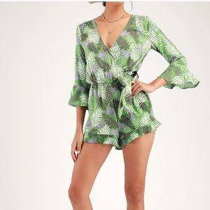 Lulus Green and Lavender Leaf Print Sleeve Romper